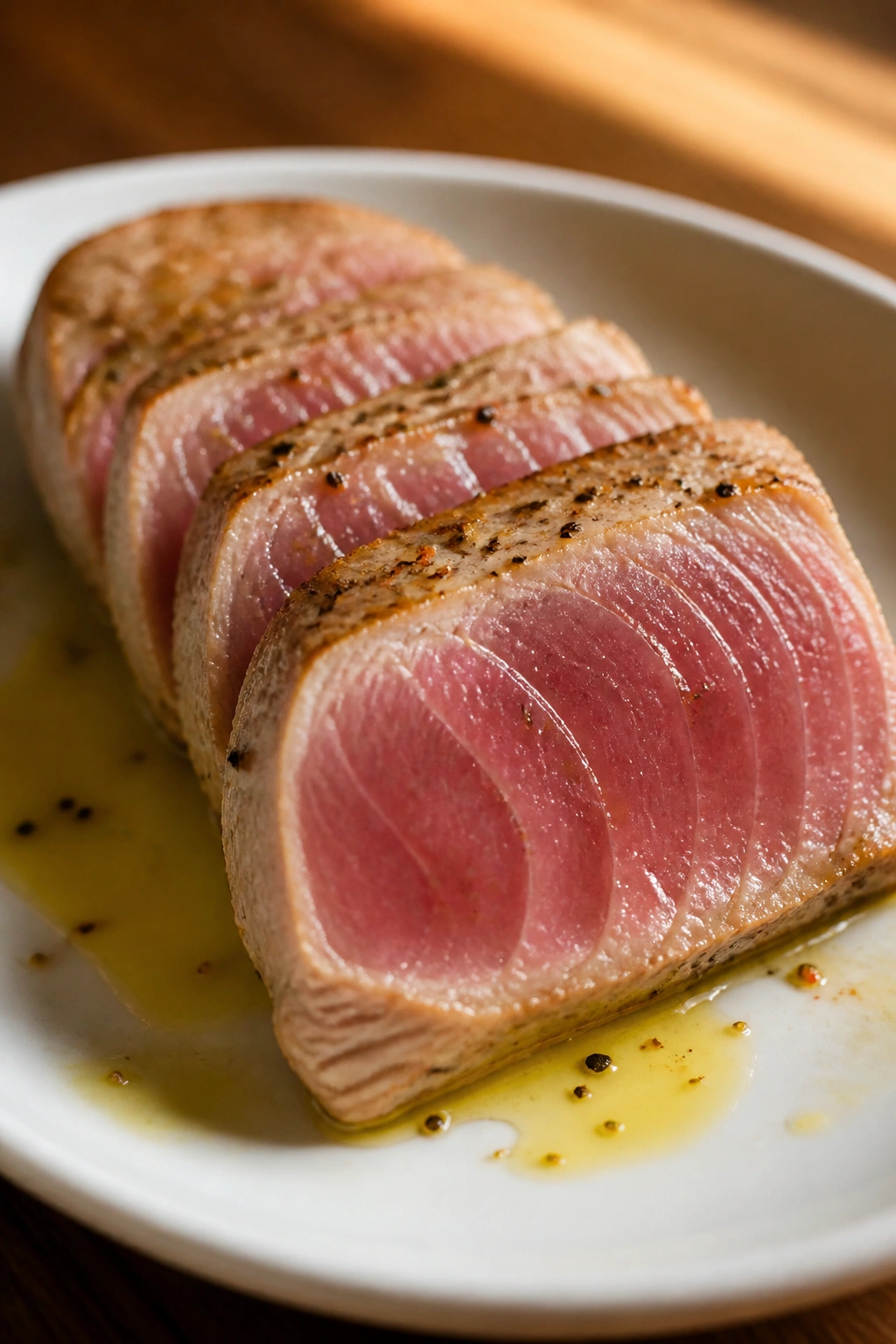 Close-up of a tuna portion on a plate in a bright kitchen