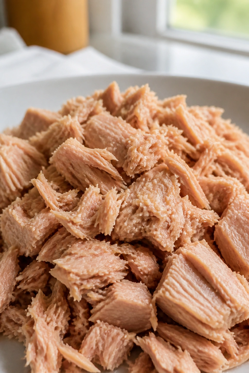 Close-up of tuna on a plate in a kitchen