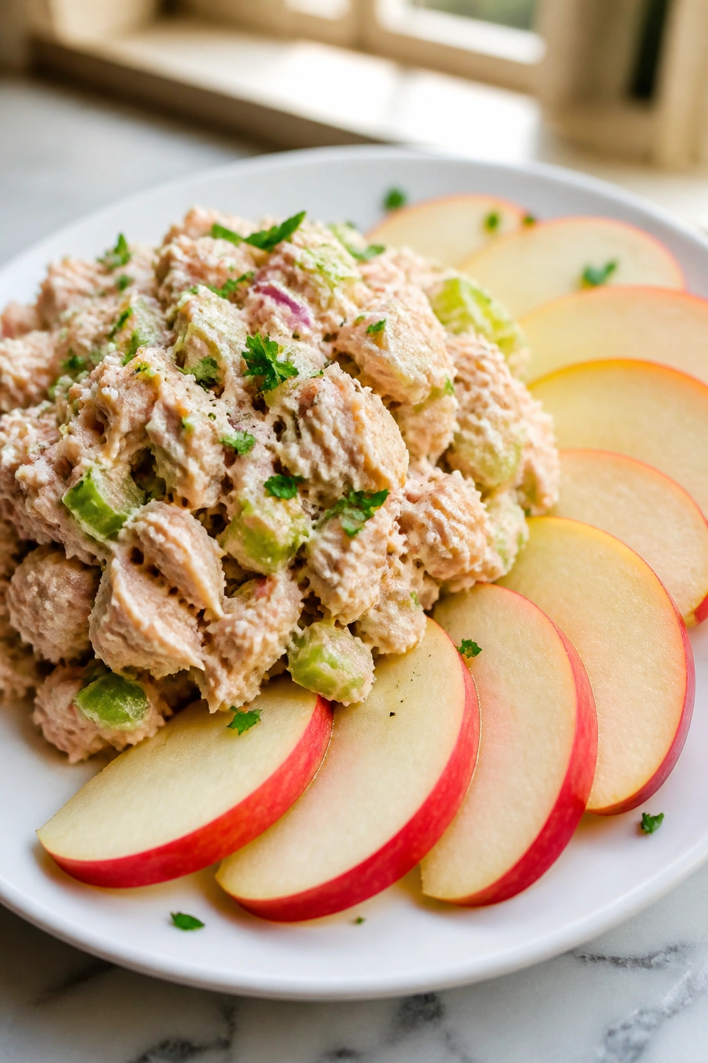 Close-up plate of tuna salad with apple slices