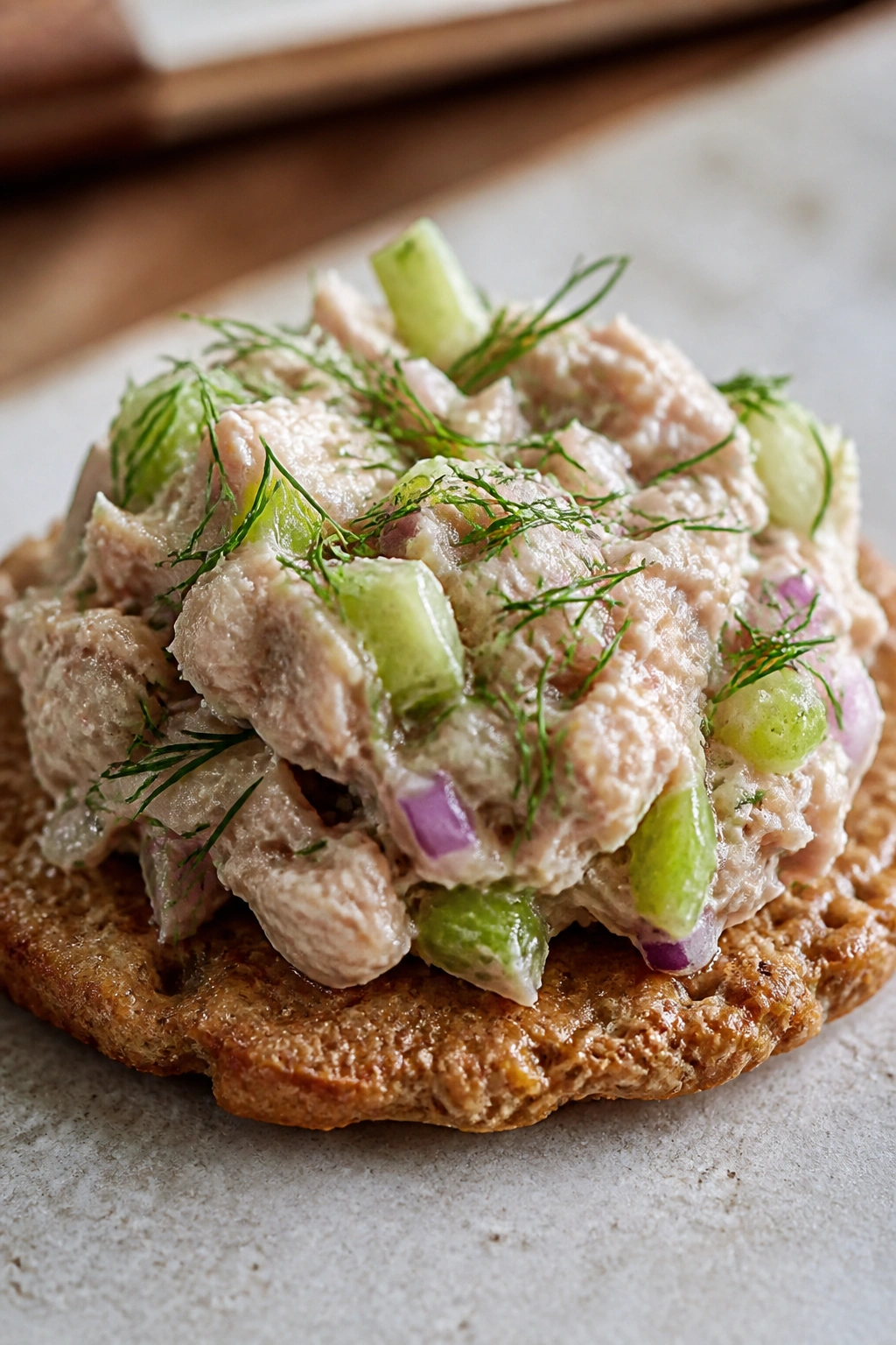 Cracker topped with tuna salad on a plate in a kitchen
