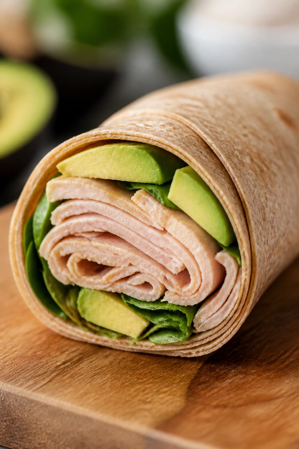 Cross-section of turkey and avocado wrap