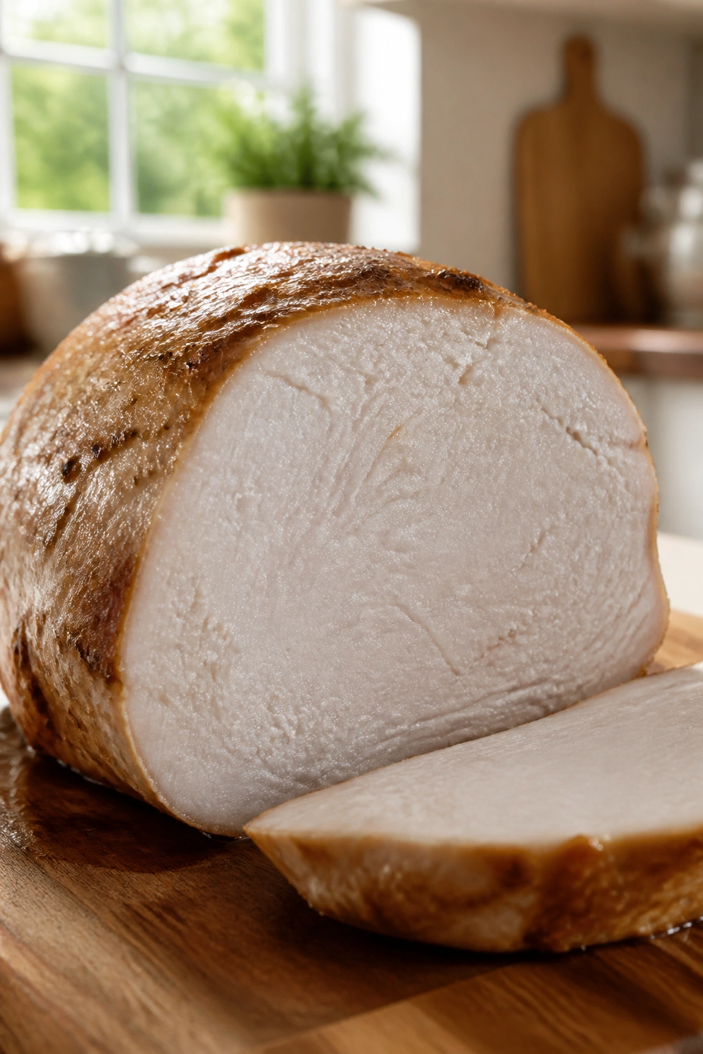 Close-up of roasted turkey breast slice on cutting board