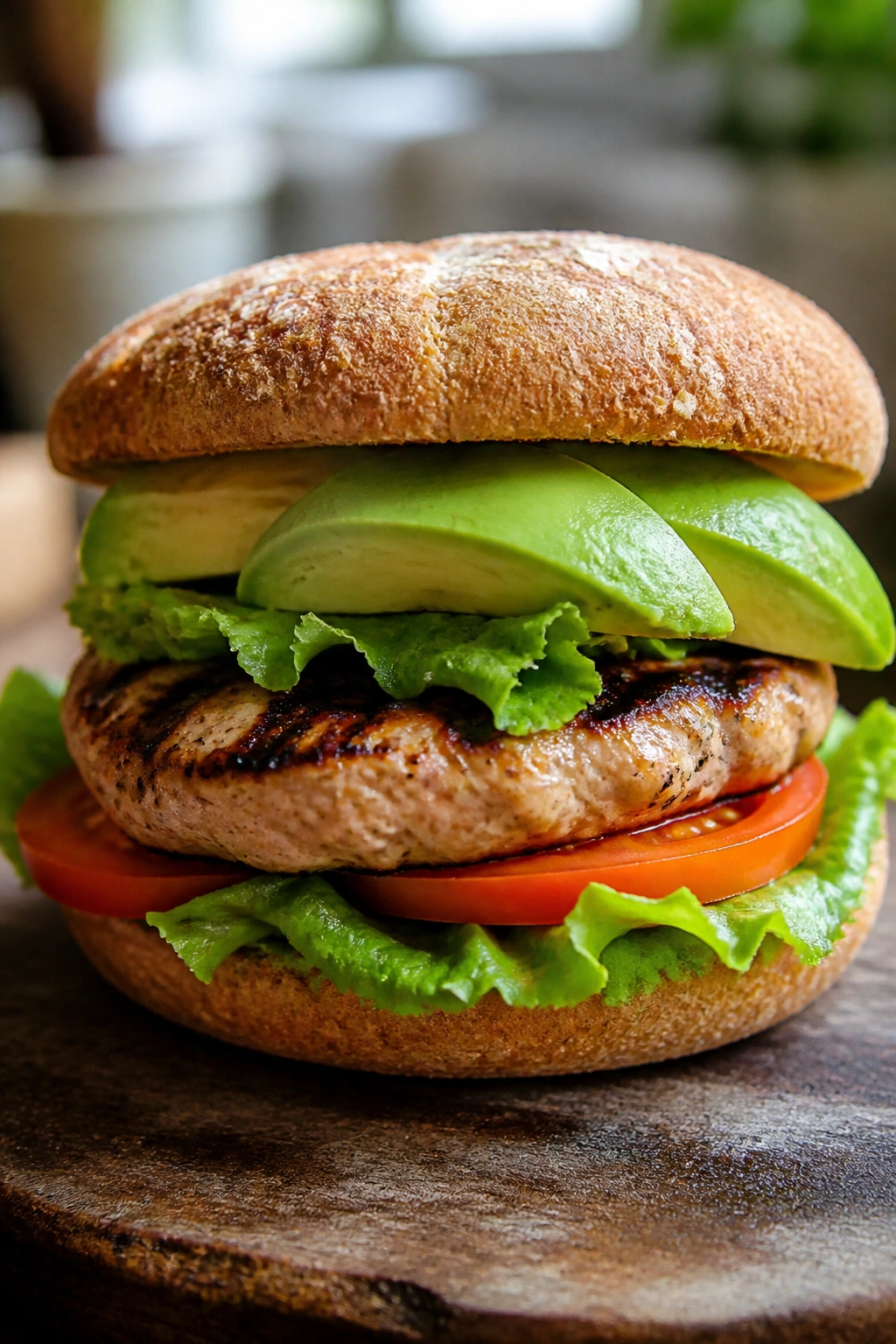 Close-up of a turkey burger with avocado on a whole-wheat bun in a kitchen