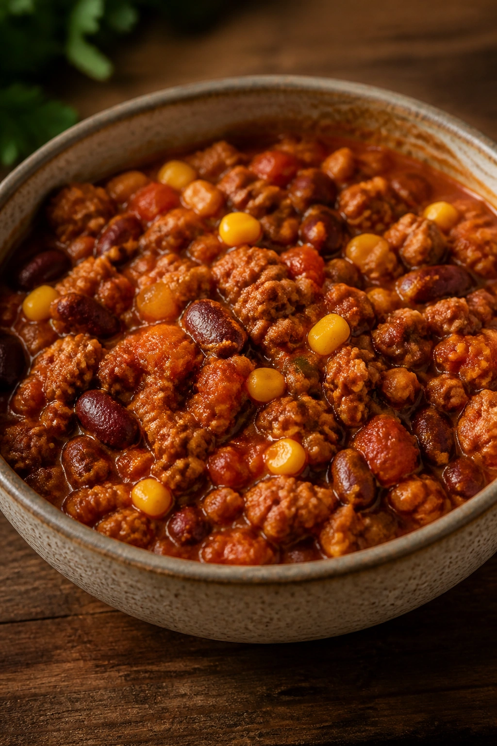 Close-up turkey chili with beans and corn in a rustic bowl on a wooden table