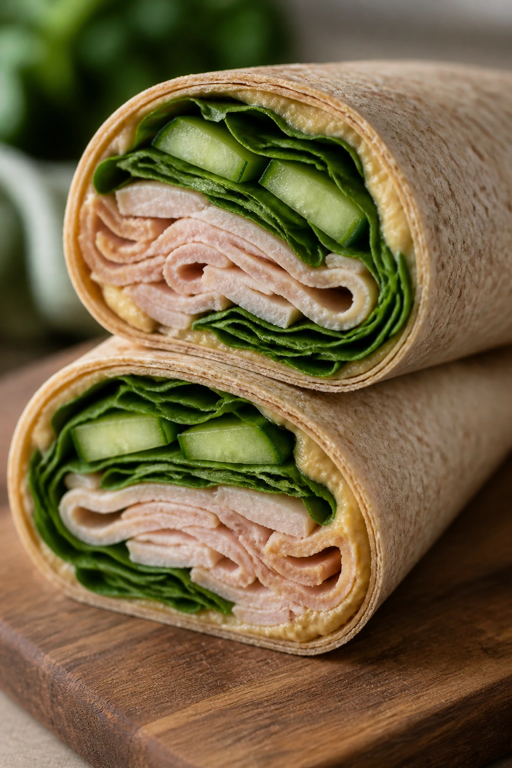Close-up of turkey hummus wrap sliced in half showing filling