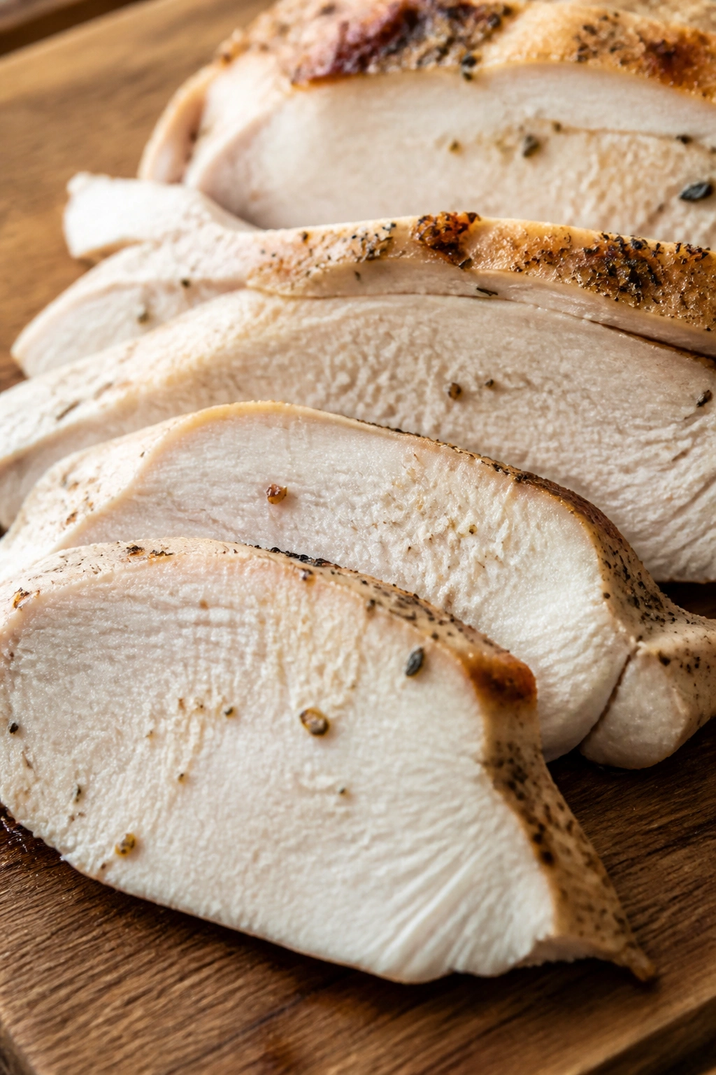 Close-up of lean turkey breast slices on a wooden cutting board