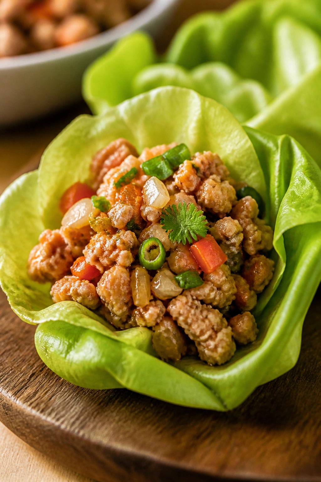 Close-up of a turkey lettuce wrap with ginger and garlic filling