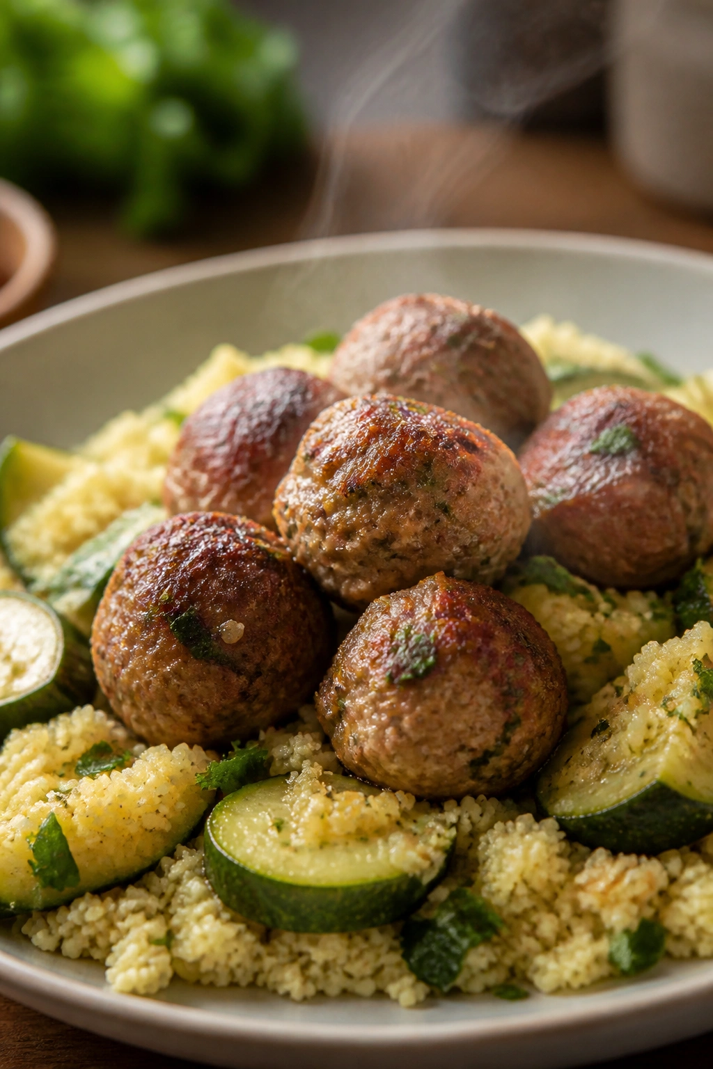 Turkey meatballs with couscous and zucchini on a plate