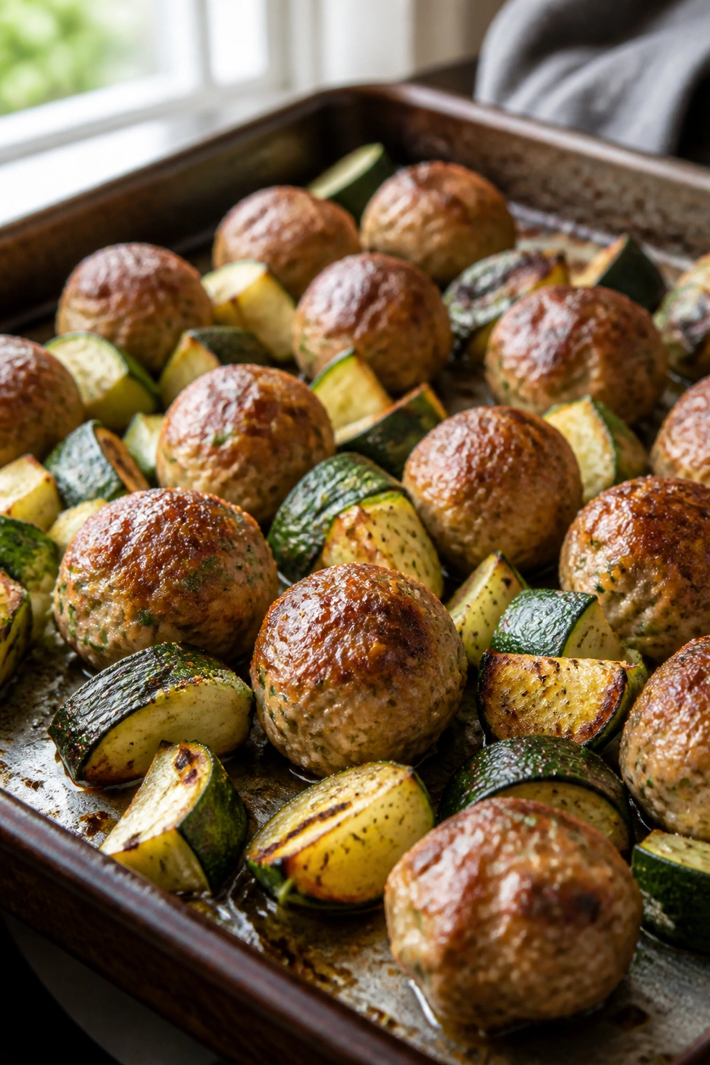 Close-up of turkey meatballs and zucchini on a baking sheet, golden-brown and roasted