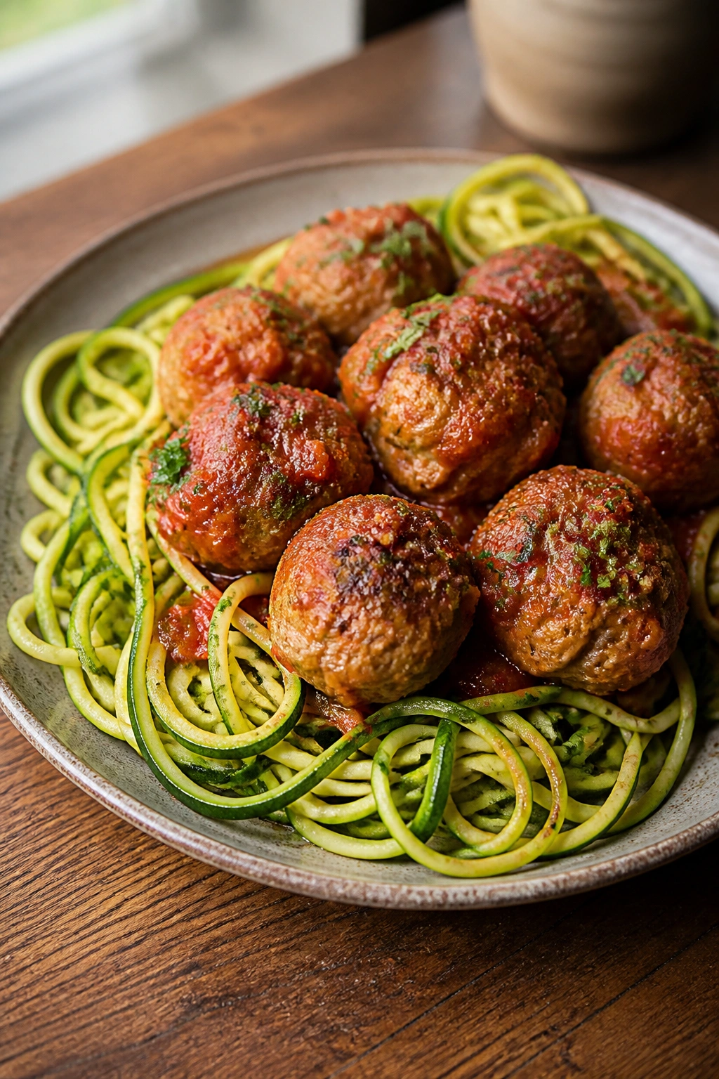Close-up of turkey meatballs with zucchini noodles on a plate in a warm kitchen