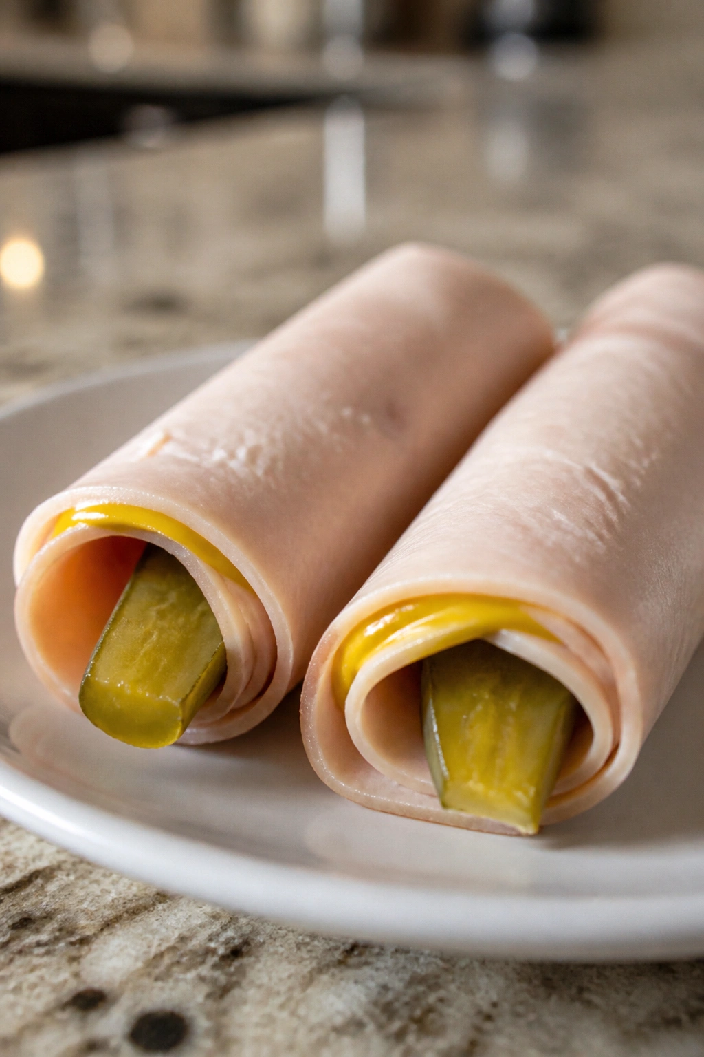Turkey roll-ups with mustard and pickle on a plate