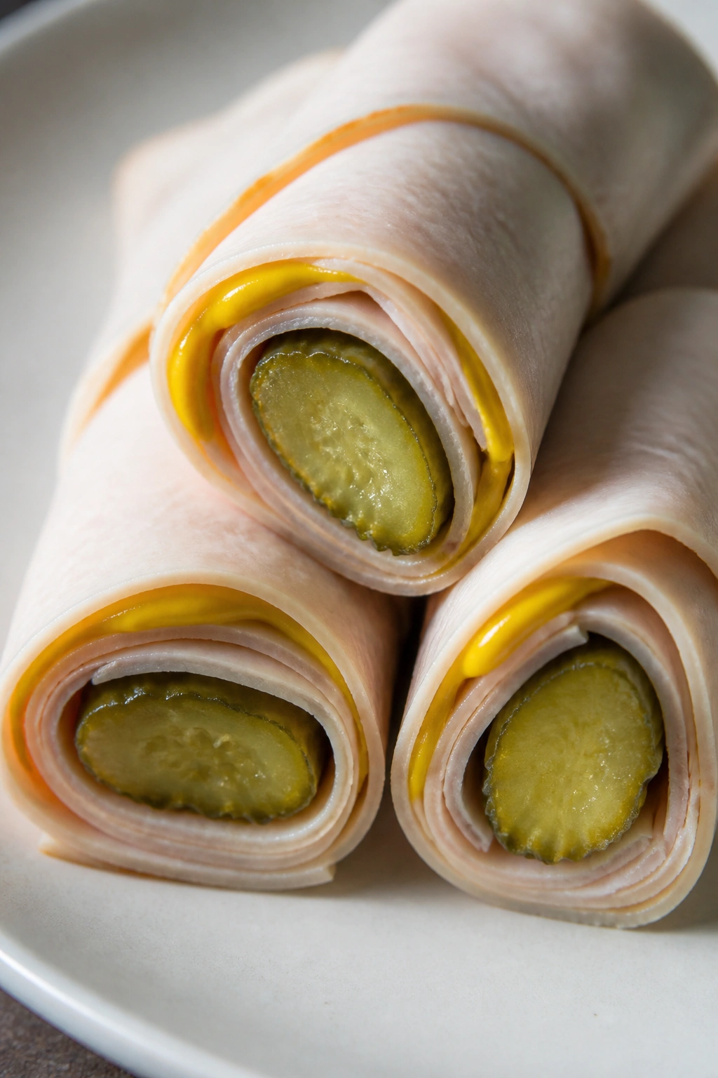 Close-up of turkey roll-ups with mustard and pickles on a plate