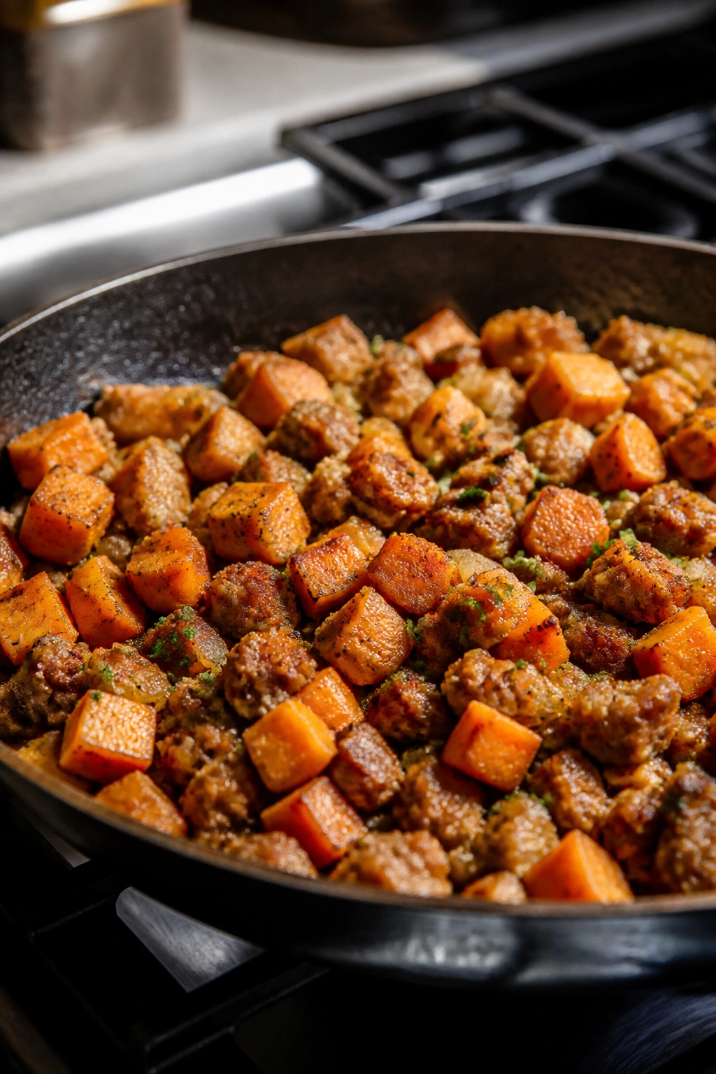 Skillet with turkey sausage and sweet potato pieces in a kitchen