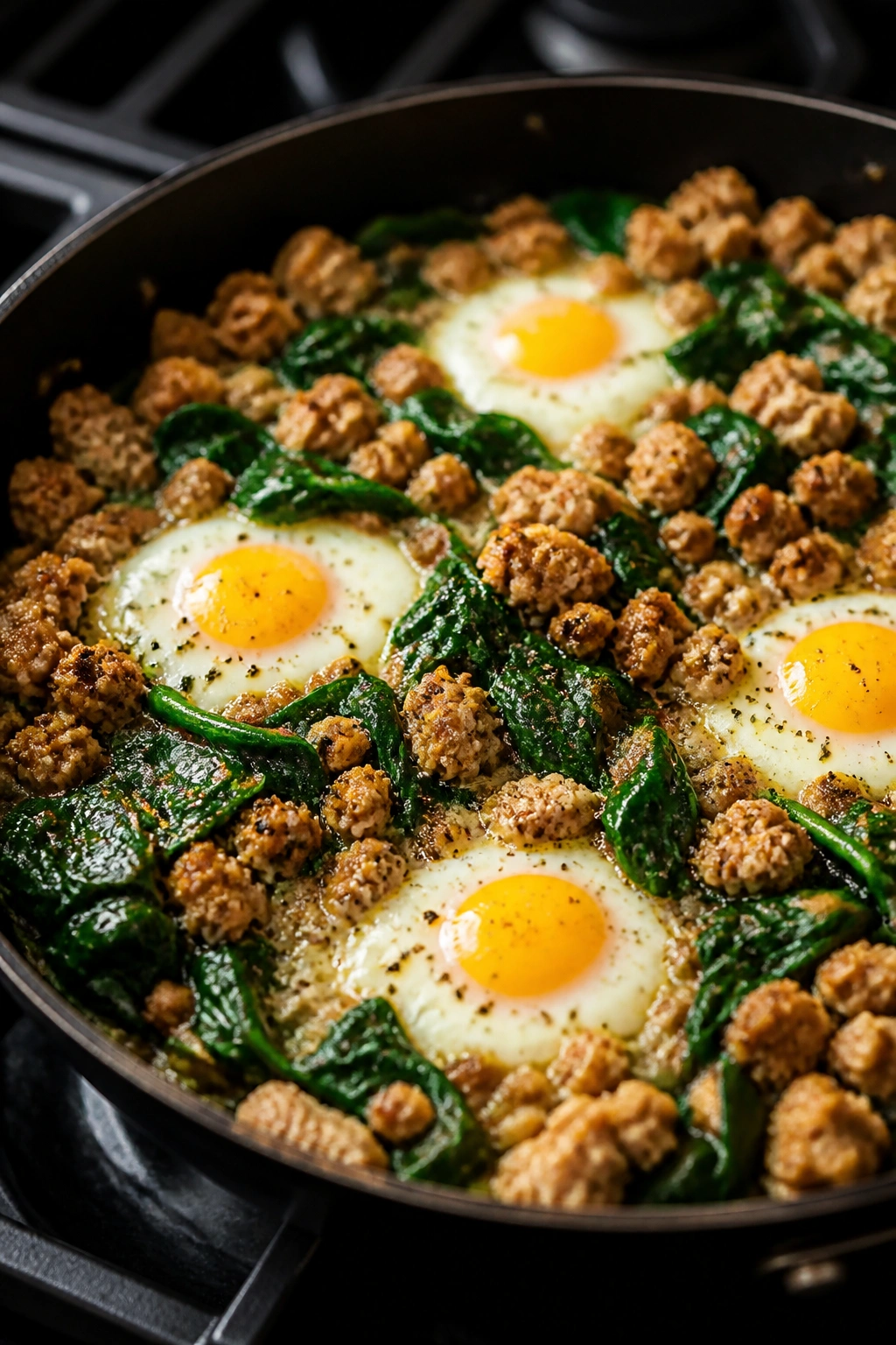 Close-up of turkey spinach breakfast skillet with eggs in a pan