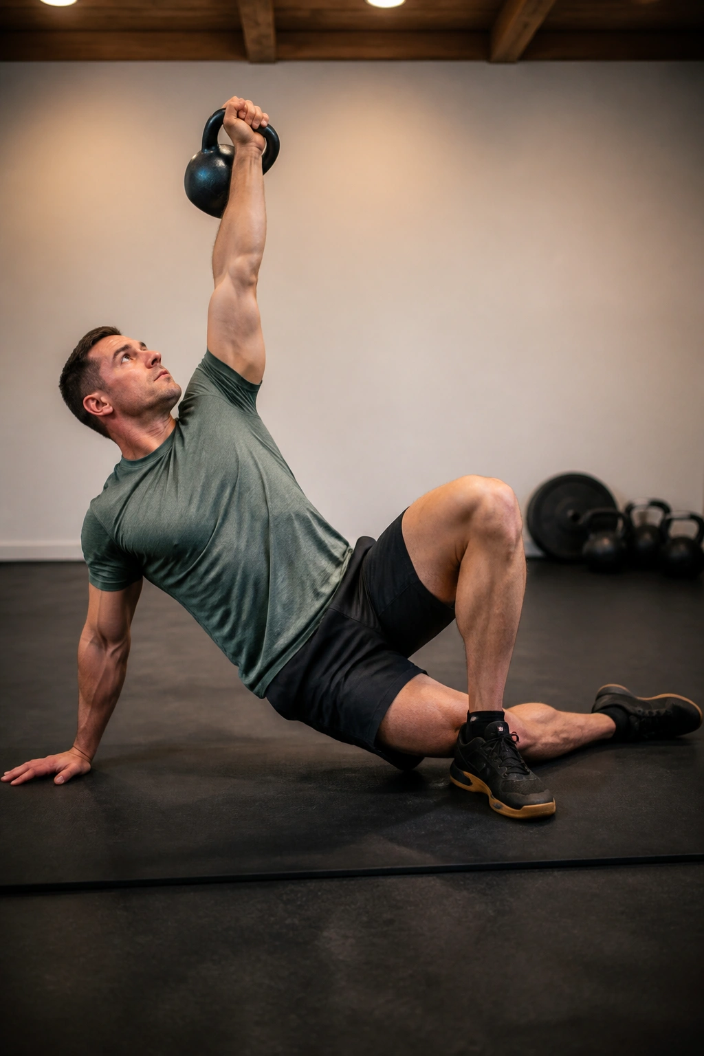 Close-up of a person performing the Turkish get-up with a weight overhead, torso braced