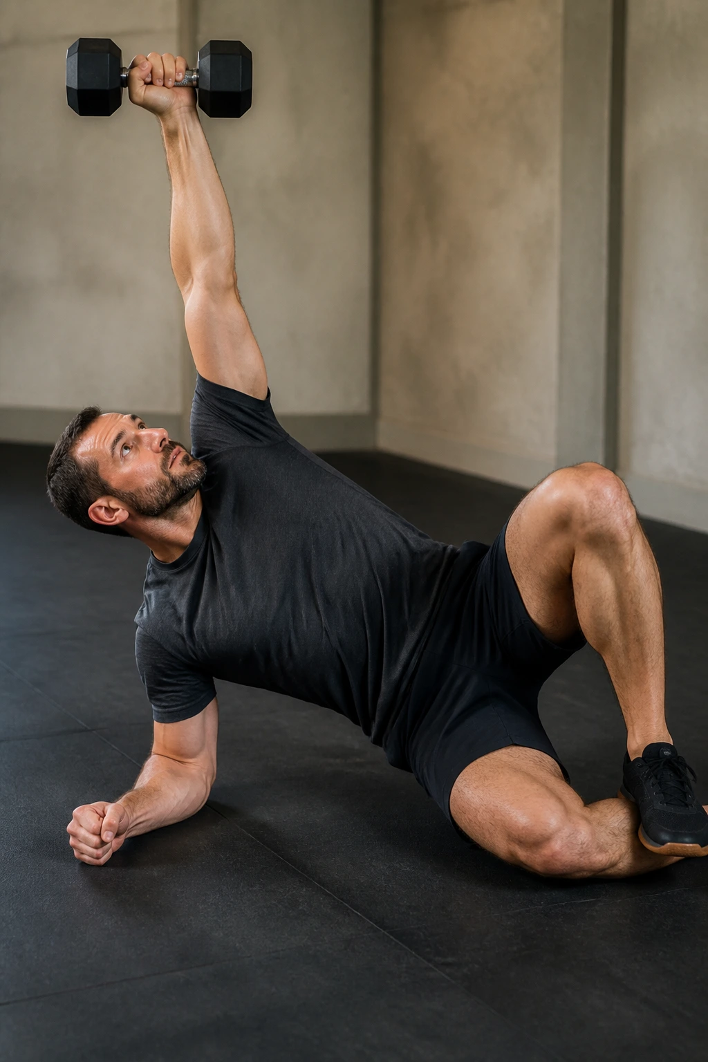 Person performing a Turkish get-up with overhead dumbbell on a gym mat