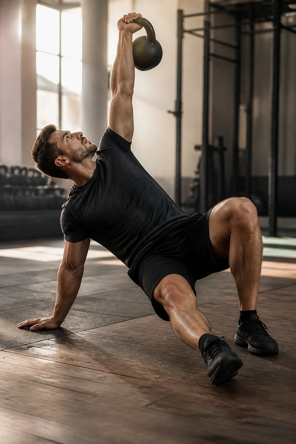 Close-up of a person performing Turkish get-up with kettlebell, torso stacked through transitions.