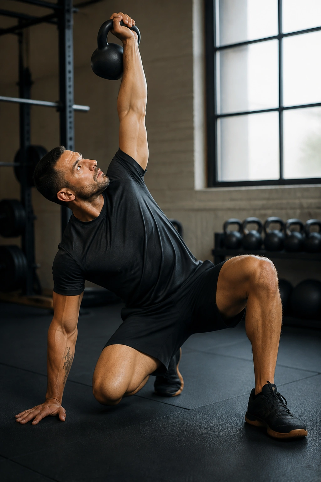 Person performing Turkish Get-Up with light kettlebell, mid-transition.