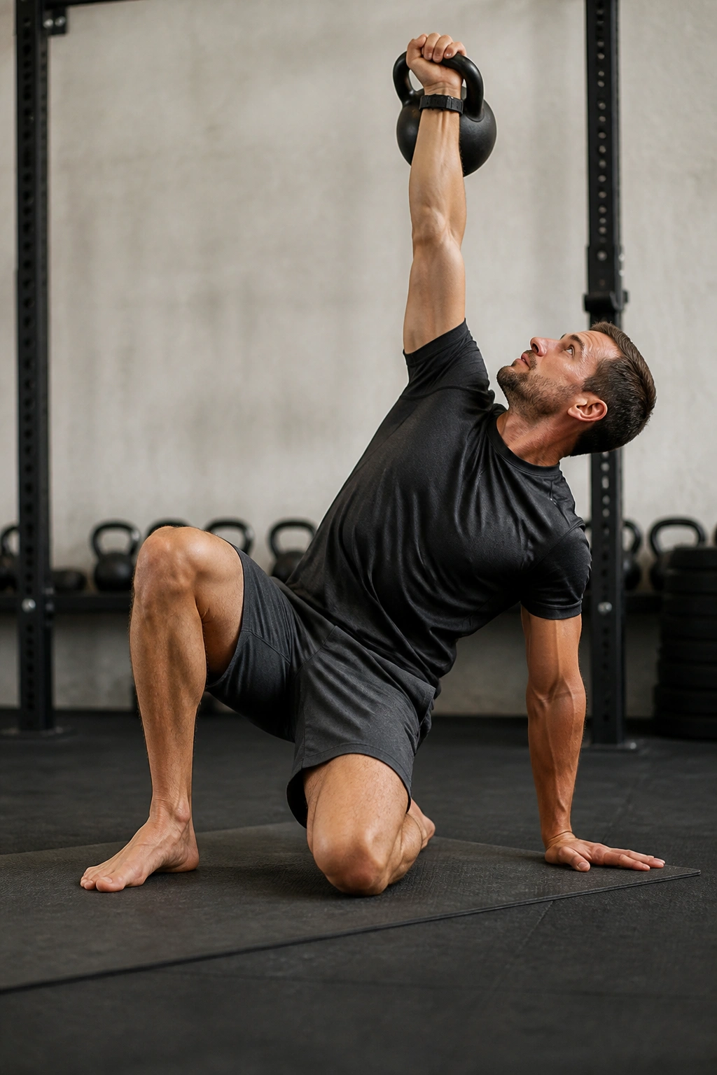 Person performing Turkish get-up with light kettlebell