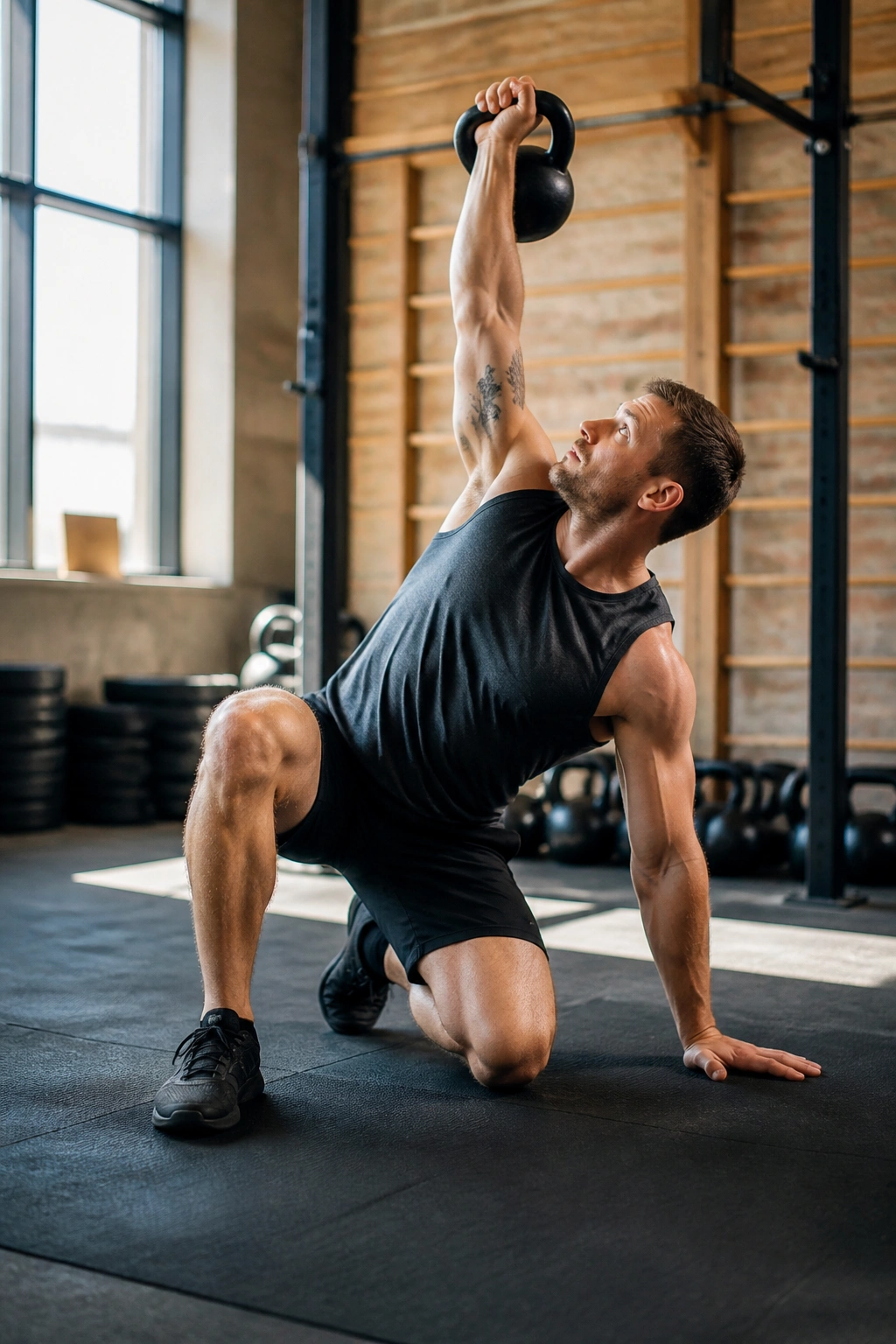 Portrait of a real person performing a Turkish Get-Up with a kettlebell overhead on a gym mat, showing torso bracing