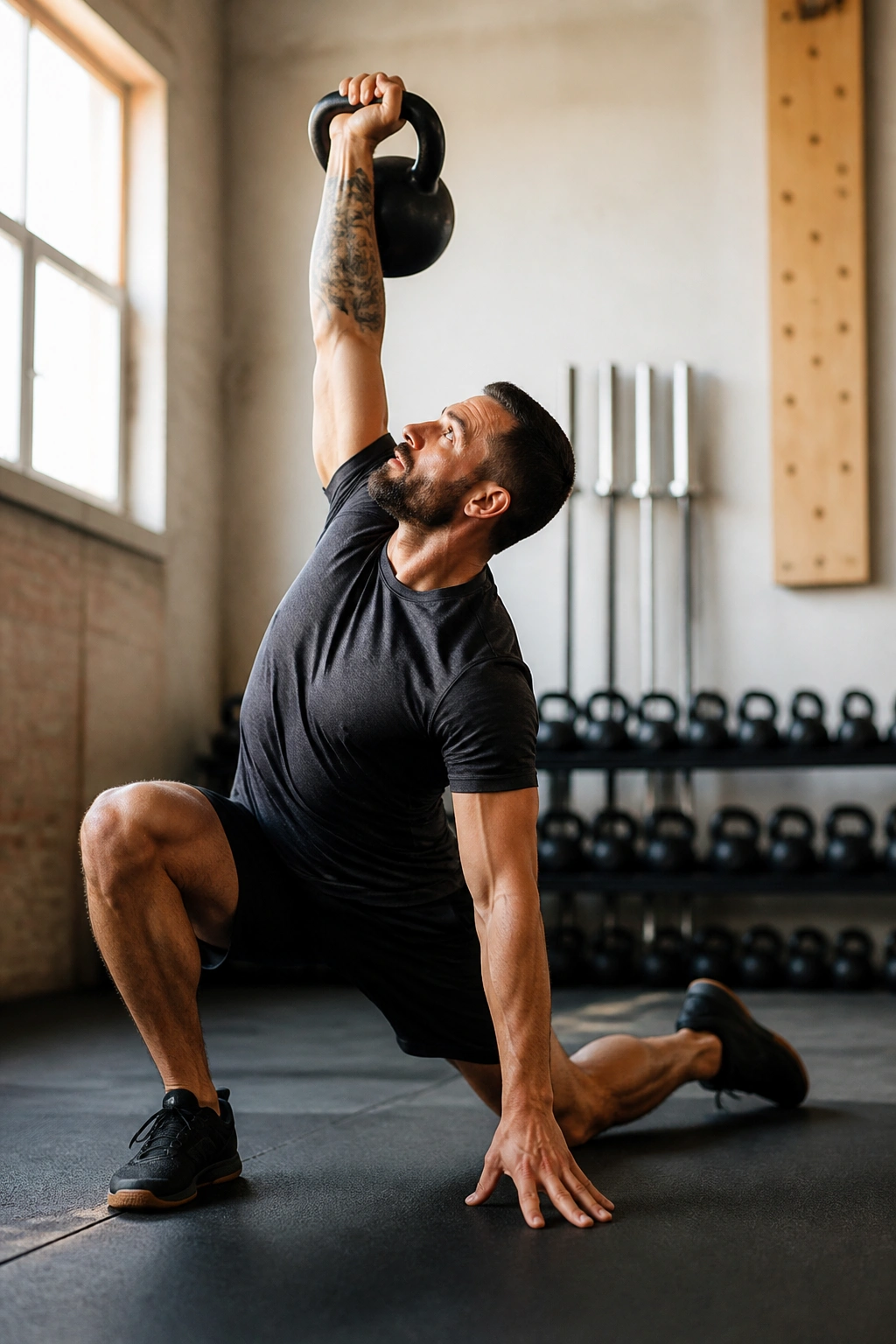 Side-profile of a person performing a kettlebell Turkish get-up in a gym
