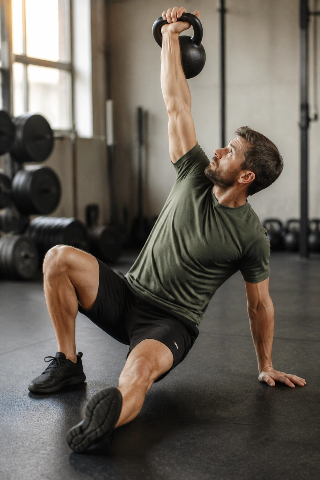 Medium close-up of a person performing a Turkish Get-Up mid-transition with a kettlebell