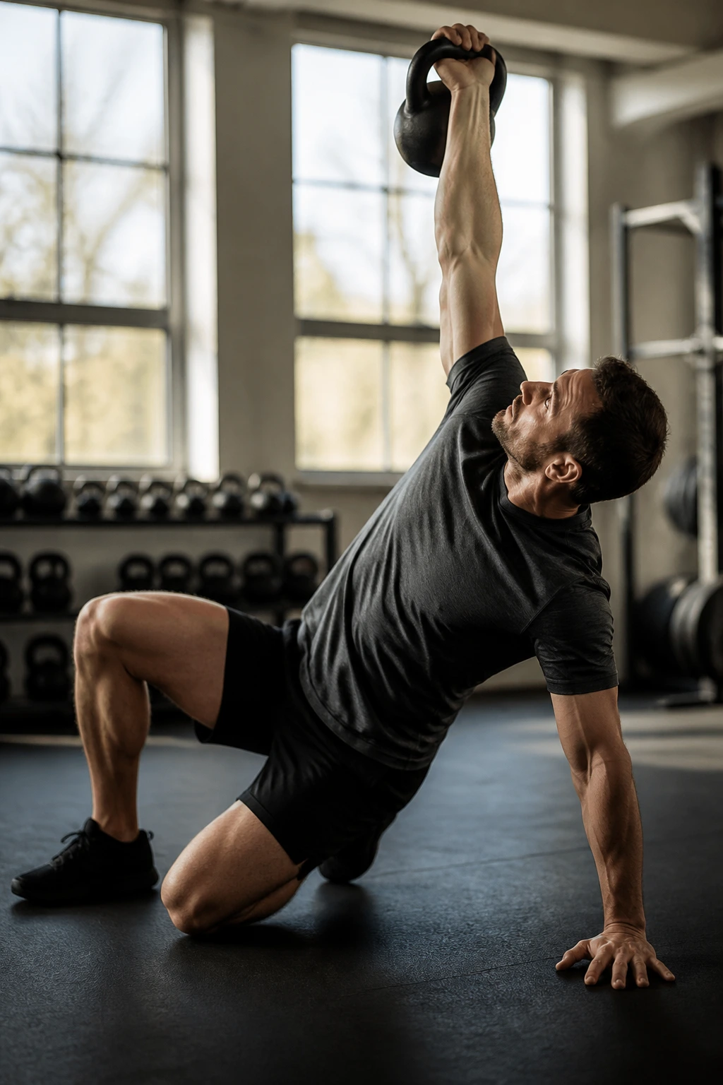 Real athlete performing a Turkish get-up with kettlebell overhead in a bright gym