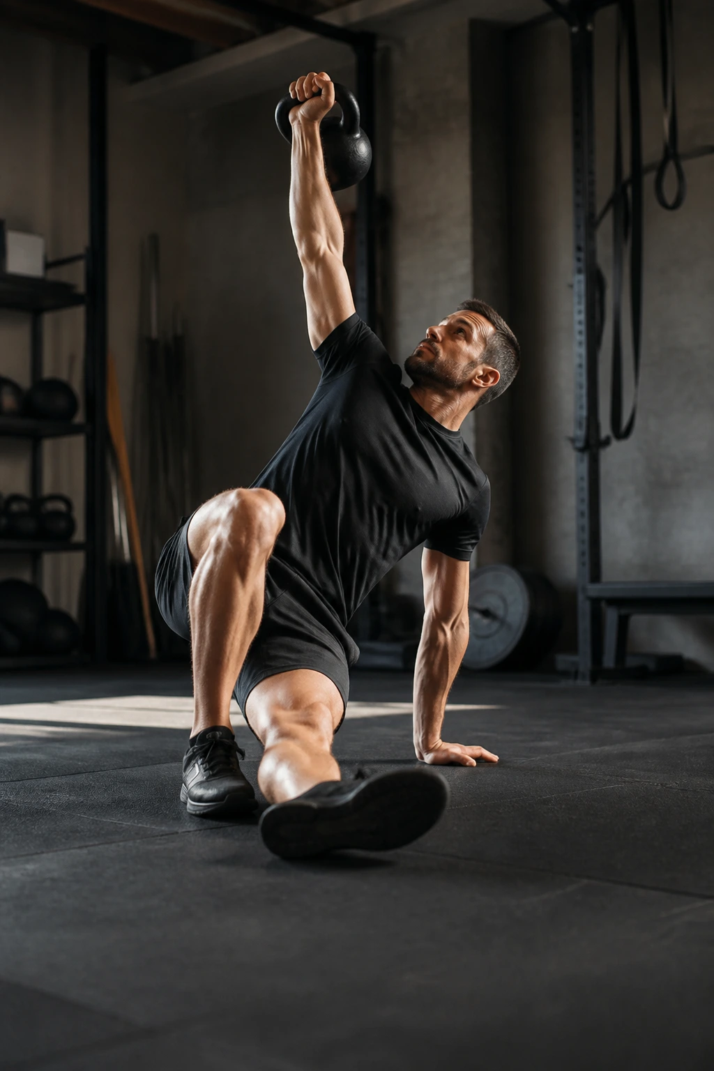 Person performing Turkish get-up with kettlebell