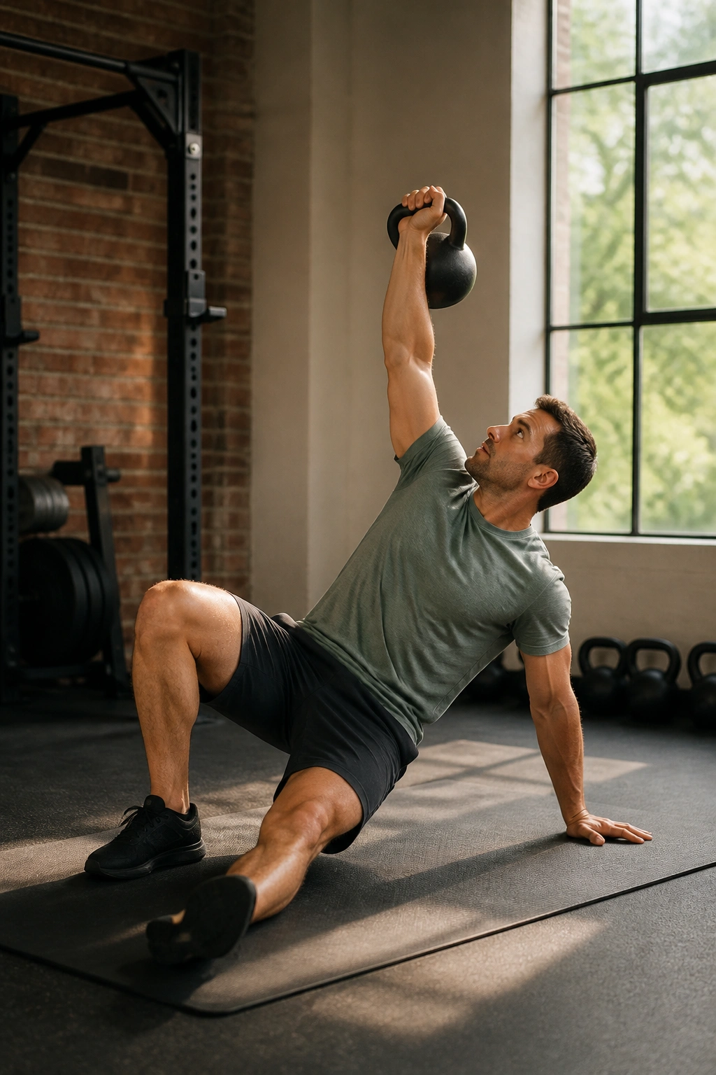 Real person performing Turkish Get-Up with light kettlebell overhead on a mat