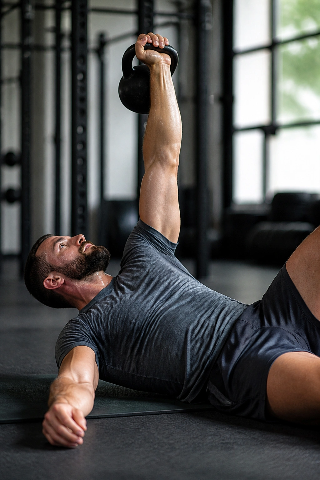 Person performing Turkish get-up with kettlebell overhead