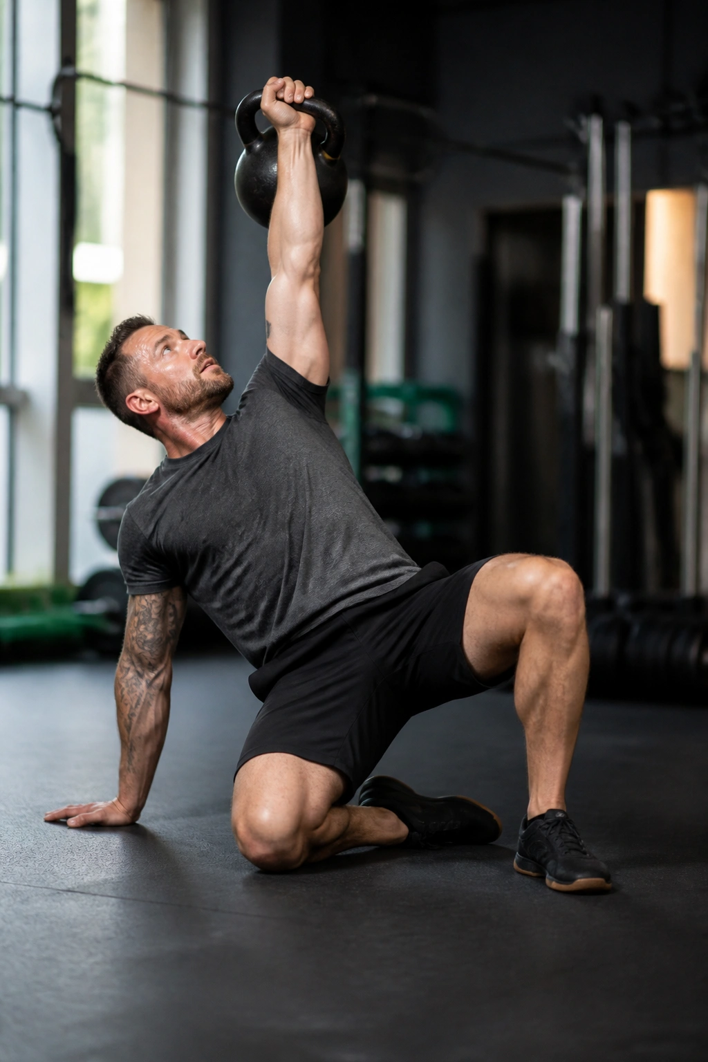 Person performing a kettlebell Turkish get up in a gym