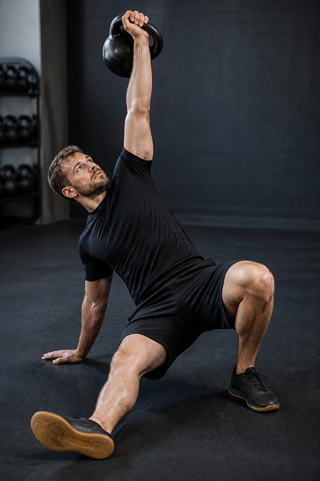 Close-up of a real person performing Turkish Get-Ups with kettlebell overhead on a gym mat