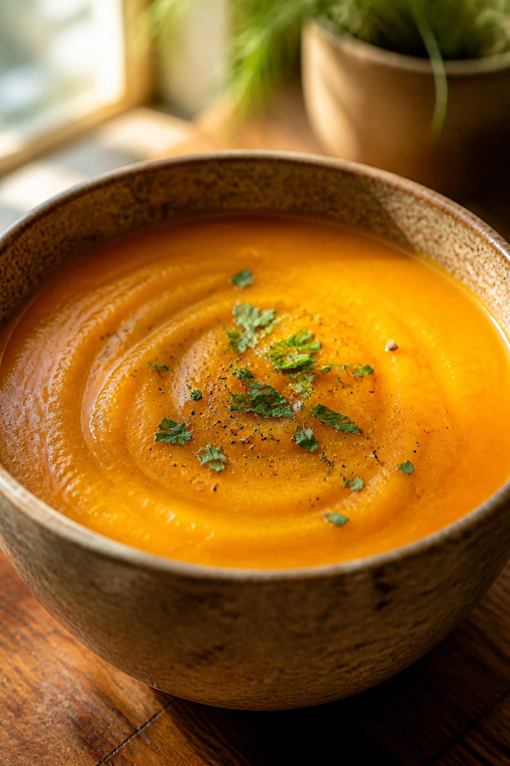 Close-up of a bowl of turmeric carrot soup on a wooden table