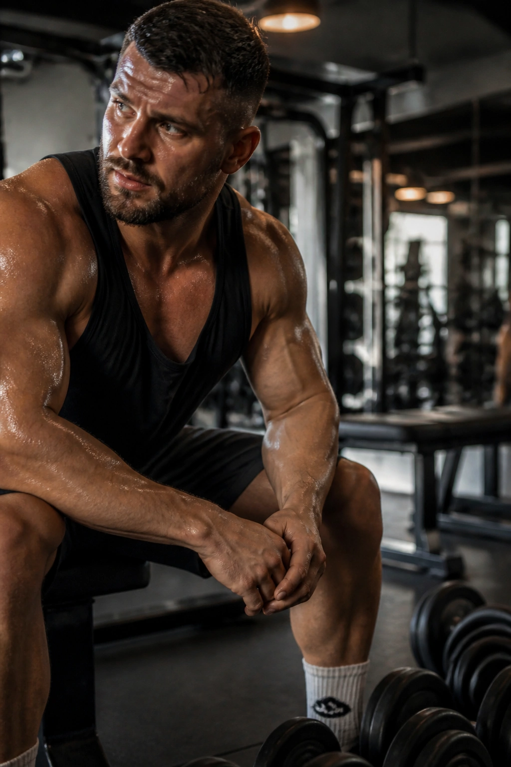 Sweaty lifter after heavy morning session in gym with equipment hinting at second workout