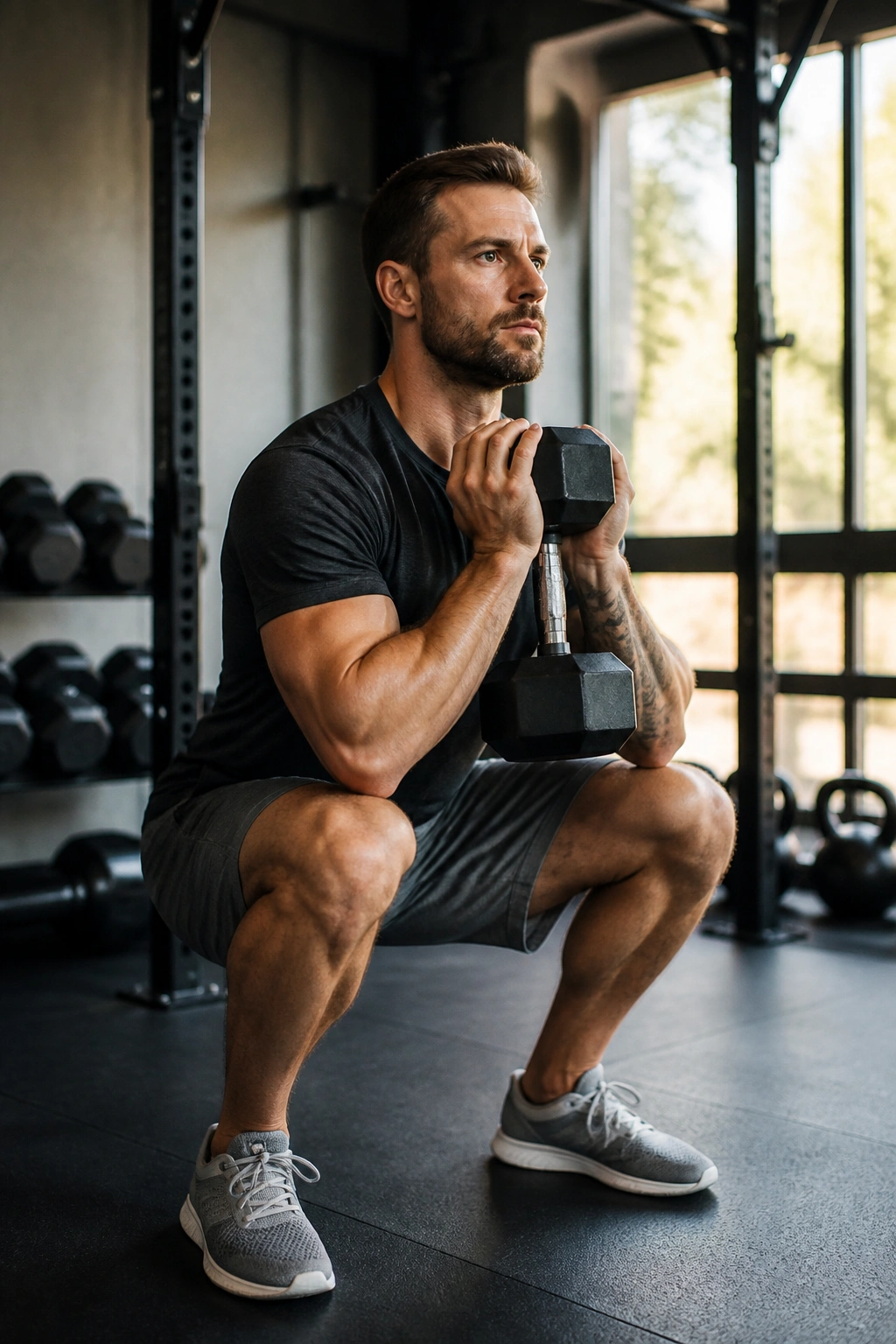 Medium close-up lifter performing goblet squat in gym for two-day full-body plan