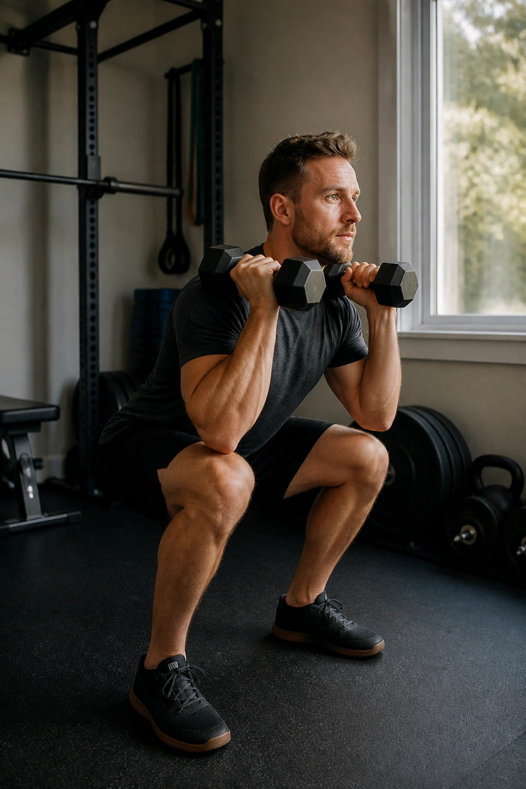 Real person mid-squat in a small gym corner