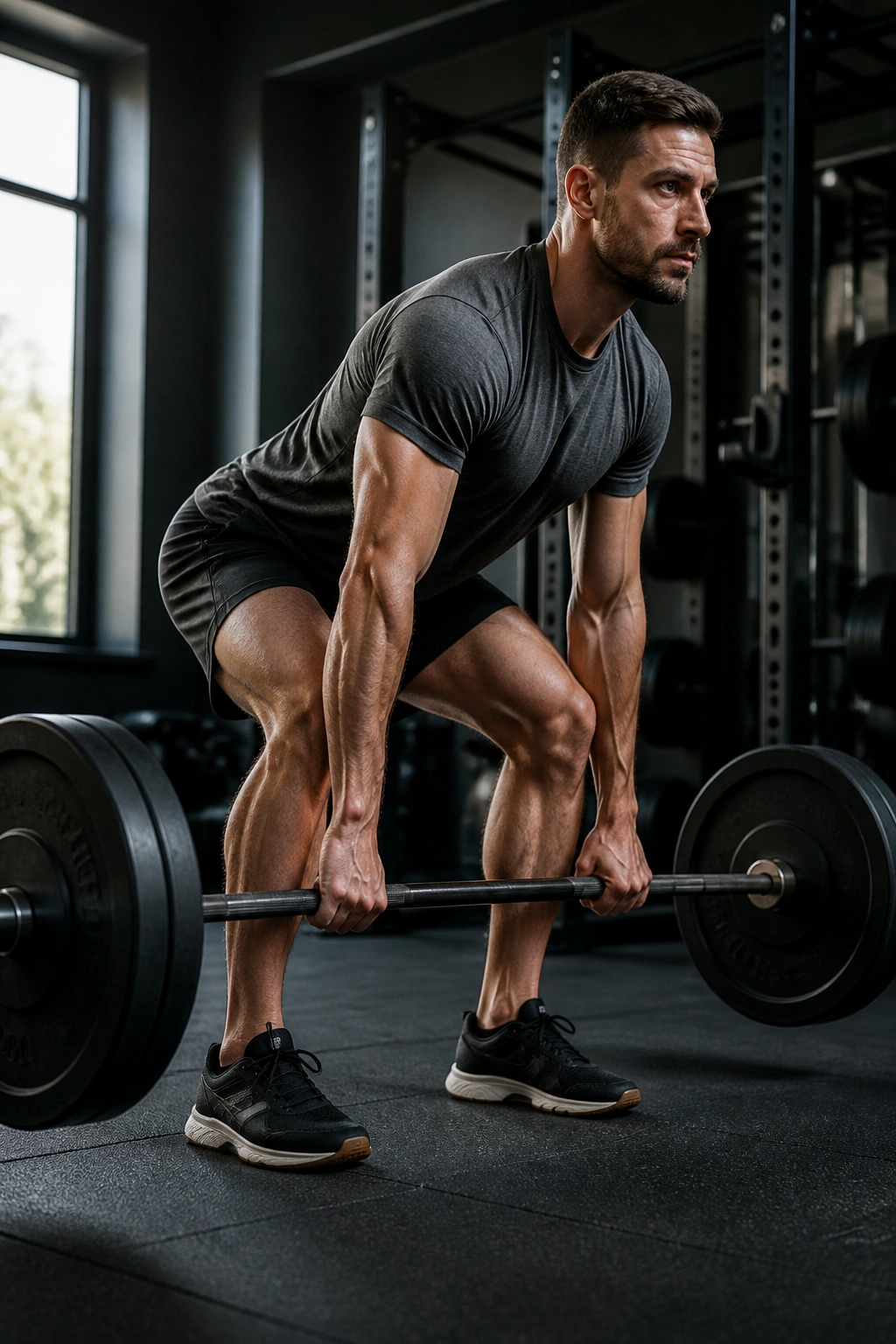 Median close-up of a lifter deadlifting in gym