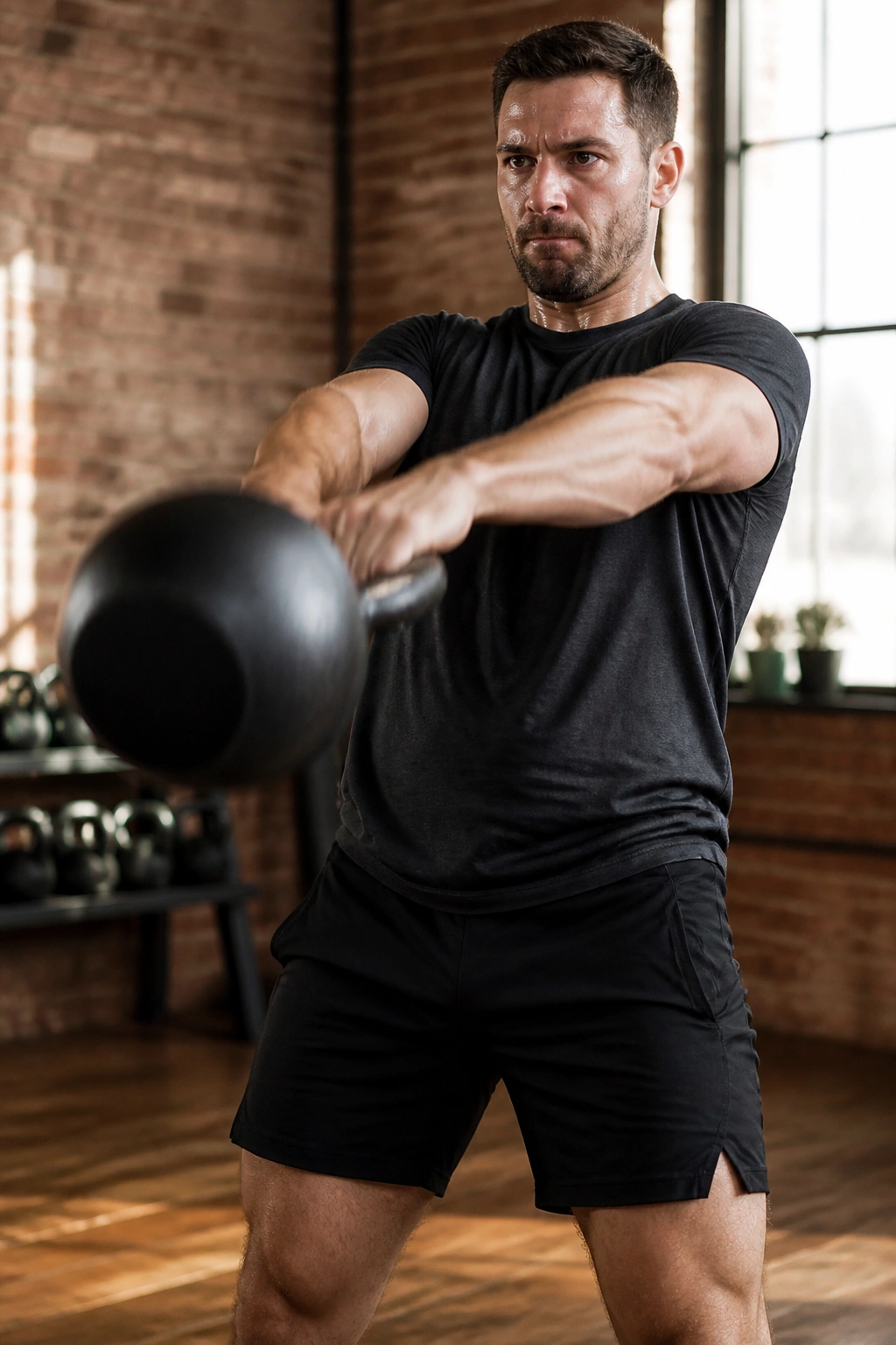 Close-up of a real person performing a two-hand kettlebell swing in a gym