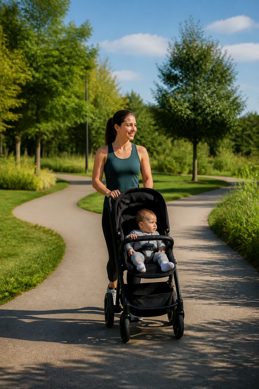 Mom walking a looped park path with stroller, twice-around route