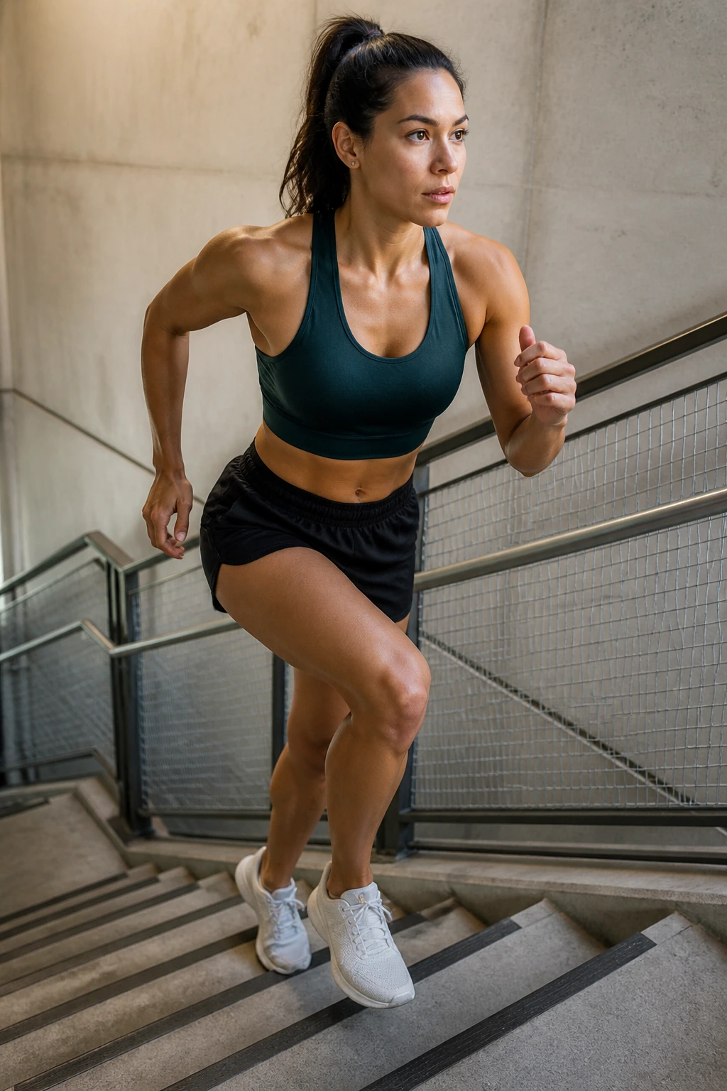 Person performing two-step climbs on stairs with powered leg drive in a gym stairwell