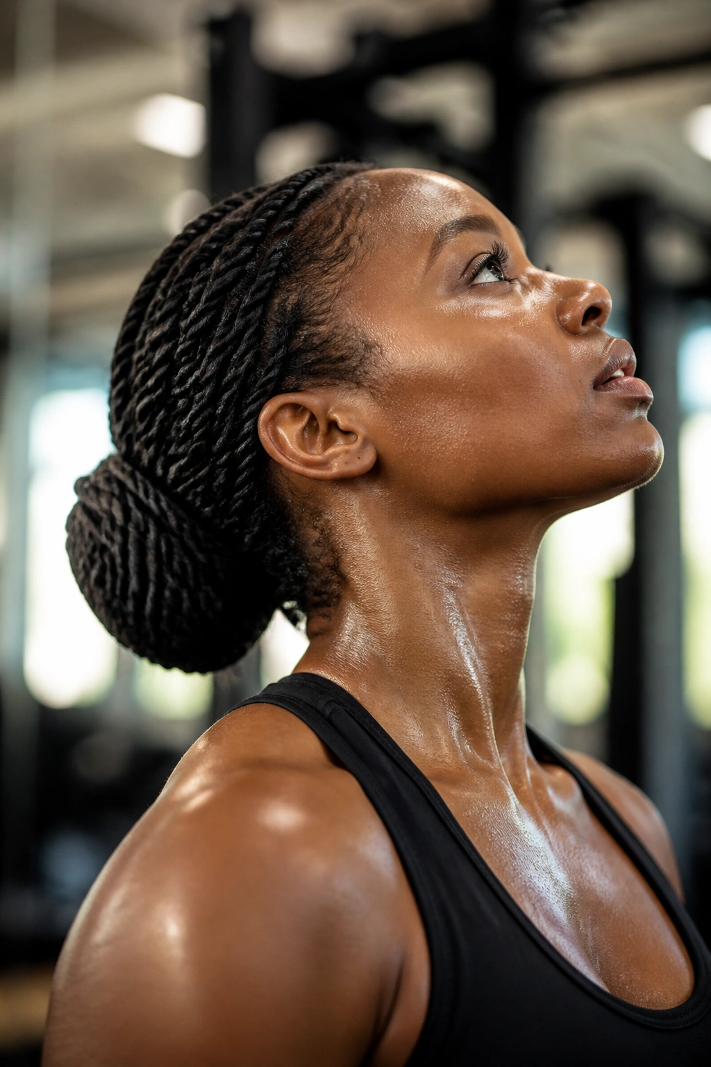 Close-up of a real woman with two-strand twists rolled into a bun during a workout