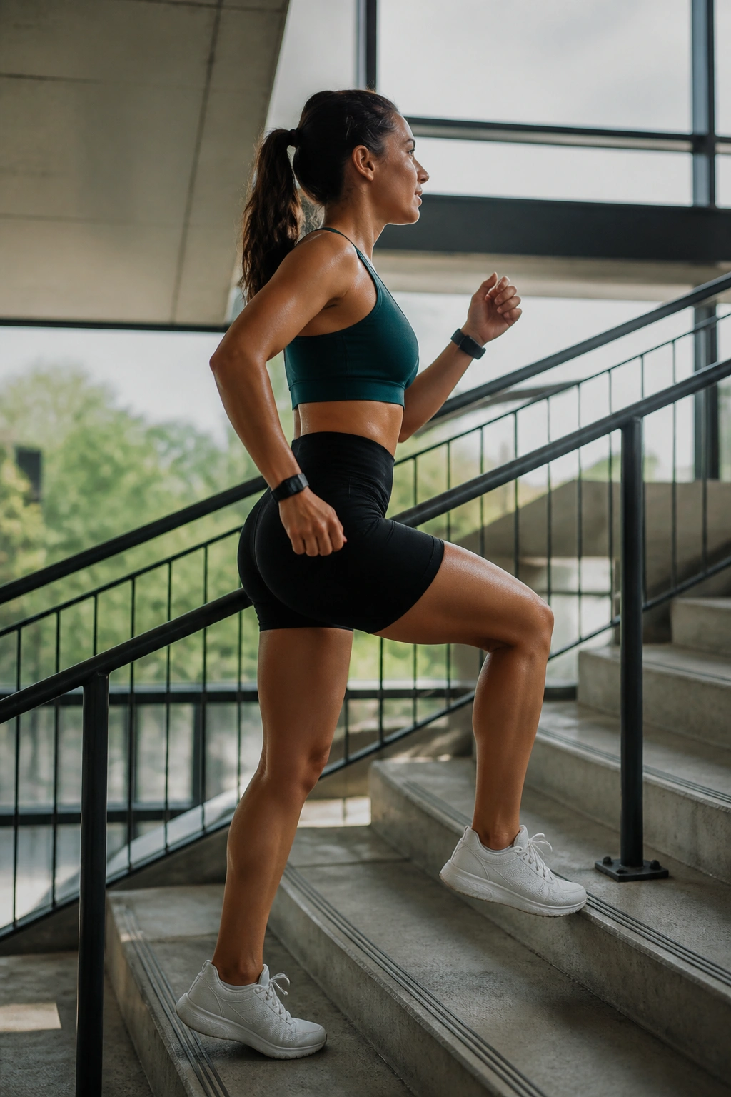 Side view of a person performing two-up, one-down stair rhythm
