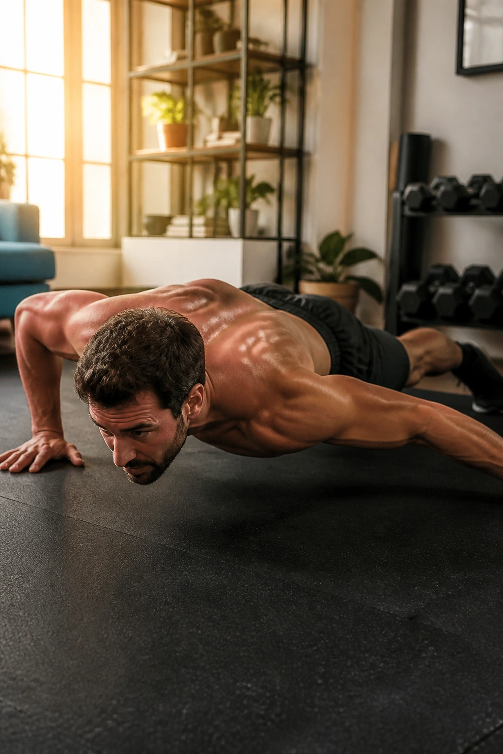 Typewriter push-up with torso shifting side to side in low position