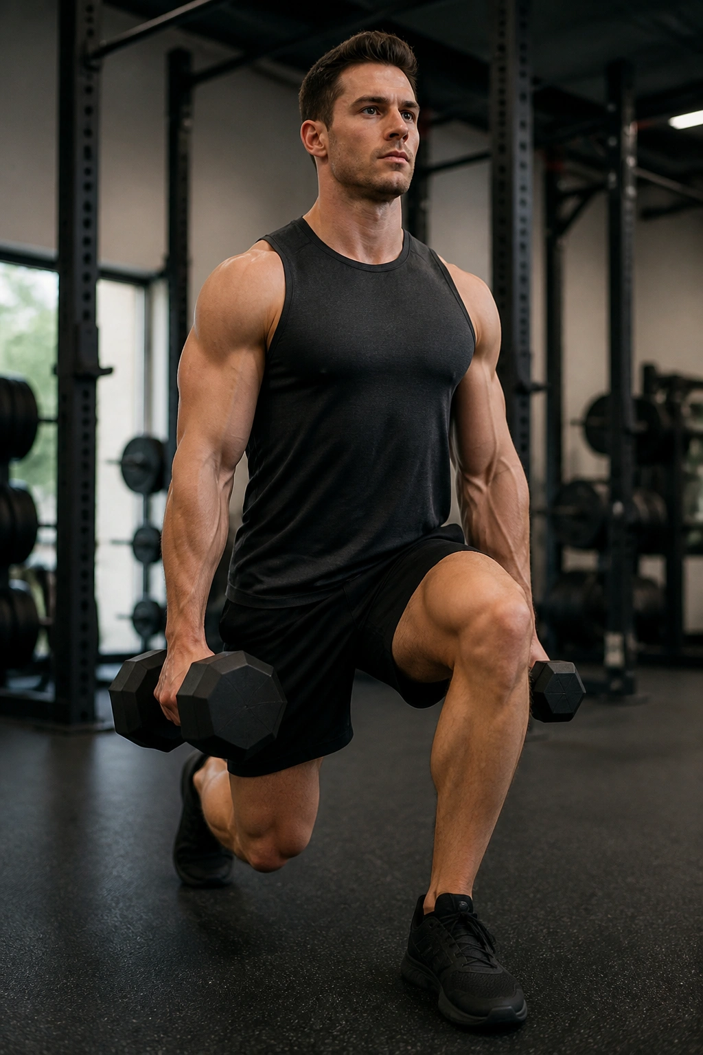 Person performing uneven loaded lunge with asymmetric dumbbells