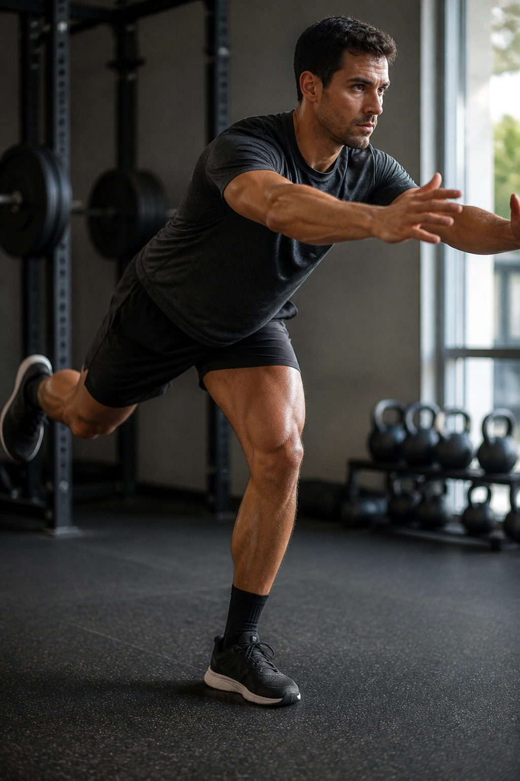 Close-up of a person performing a single-leg balance drill in a gym