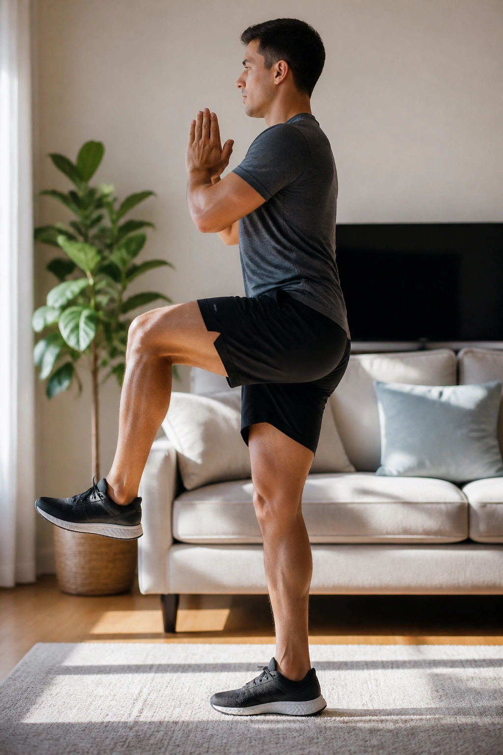 Side view of a person balancing on one leg during a unilateral exercise