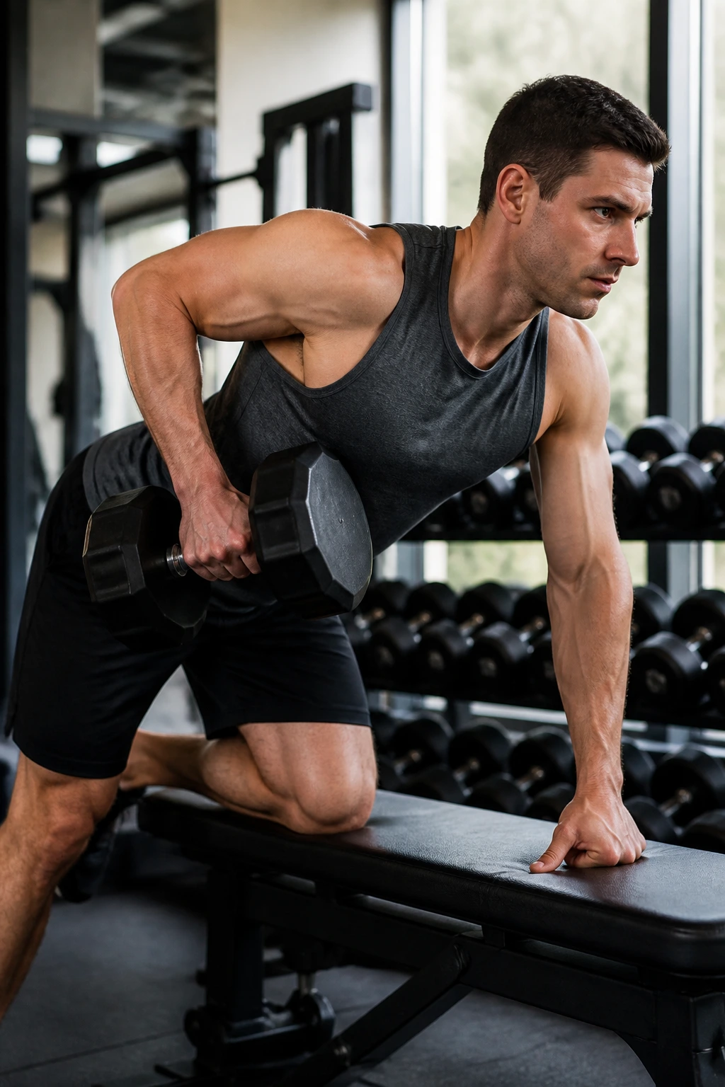 Close-up of a person performing a single-arm dumbbell row in a gym