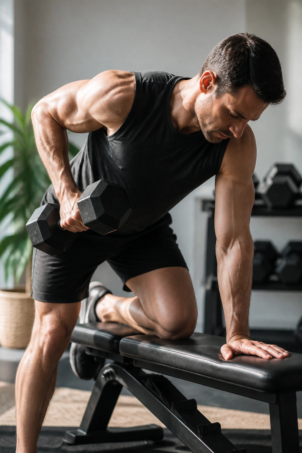 Portrait of a person performing a unilateral dumbbell row on a bench in a home gym
