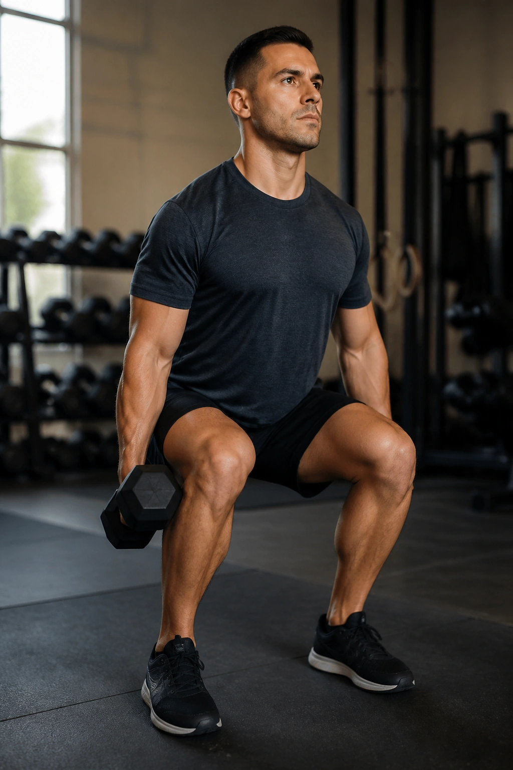 Close-up of person performing suitcase squat with offset dumbbell in gym