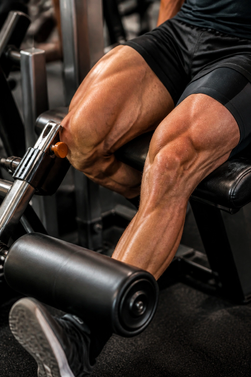 Close-up of leg extending on leg extension machine in gym
